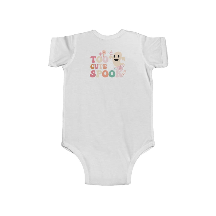 Sea Dragon Dreams white infant bodysuit featuring a cute ghost graphic with the text Too Cute To Spook for Halloween