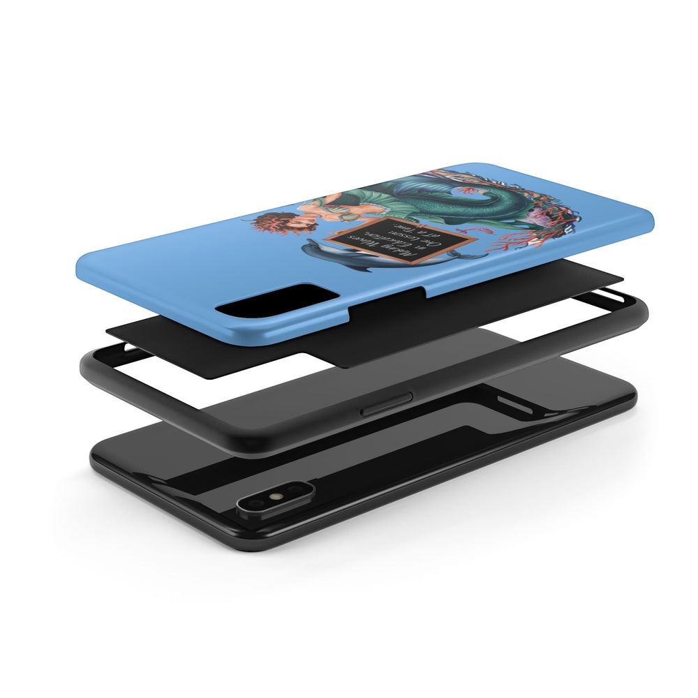 Sea Dragon Dreams tough phone case with a blue mermaid education design, showing the 2-piece shock-resistant layers.