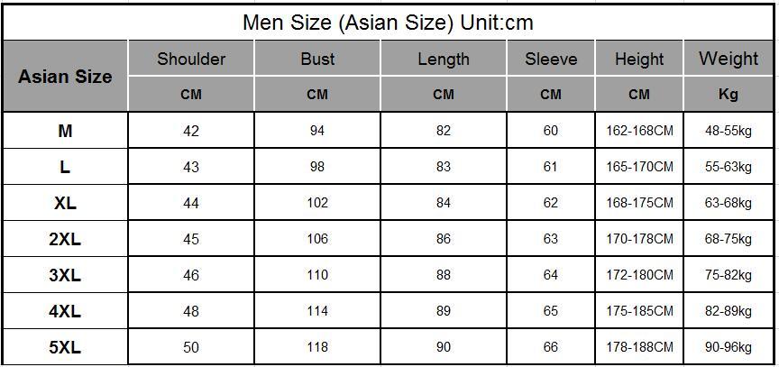 Sea Dragon Dreams men's trench coat size chart table showing measurements in centimeters for sizes M to 5XL