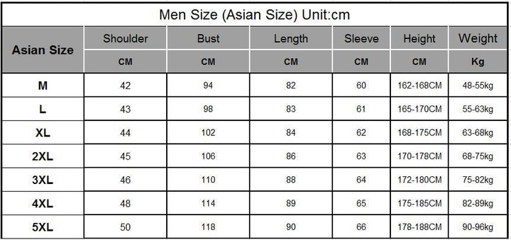 Sea Dragon Dreams men's trench coat size chart table showing measurements in centimeters for sizes M to 5XL
