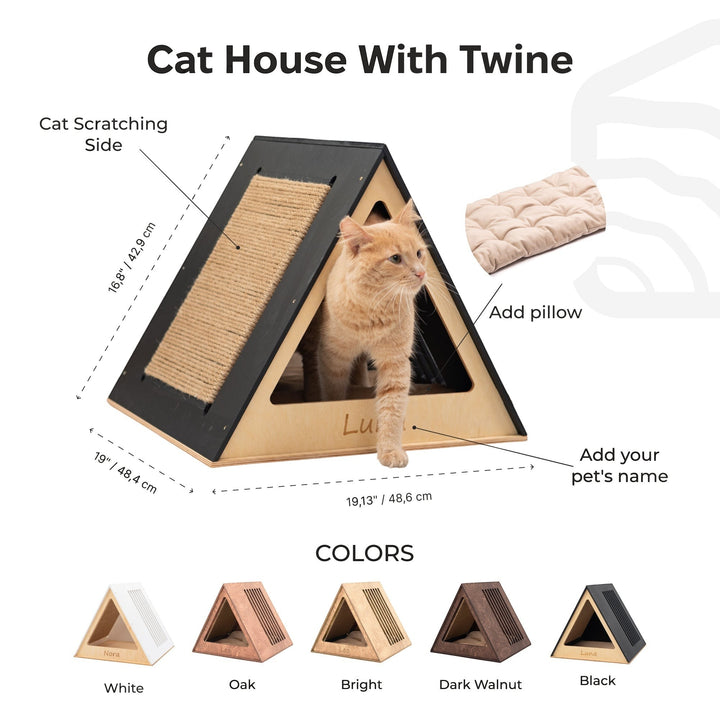 Sea Dragon Dreams modern triangular wooden cat house with scratching side and soft pillow for indoor pets