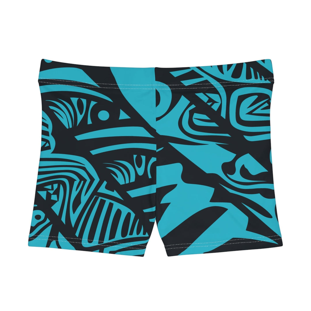 Sea Dragon Dreams women's skinny fit shorts in blue and black with a vibrant tribal pattern and faux suede finish.
