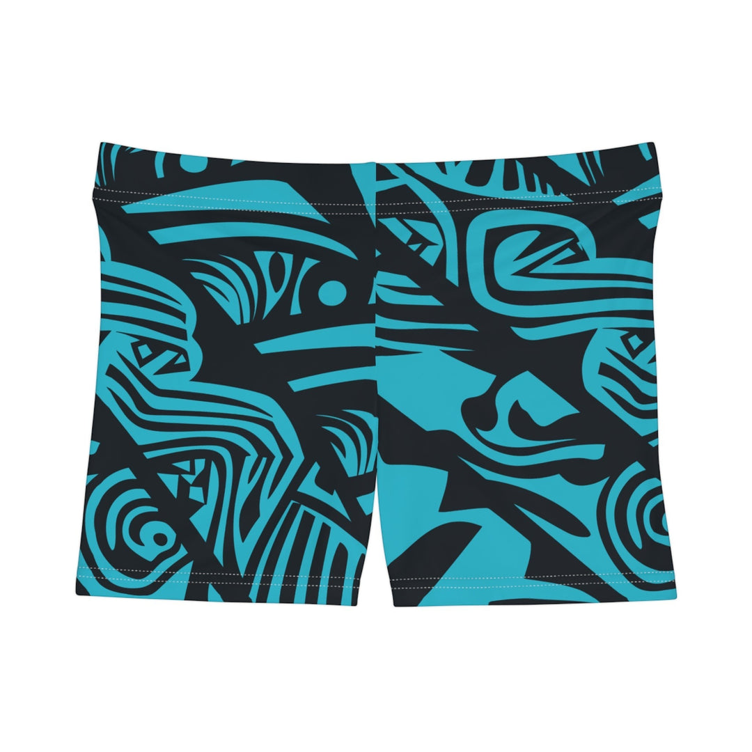 Sea Dragon Dreams women's skinny fit shorts in blue and black with a vibrant tribal pattern and faux suede finish.