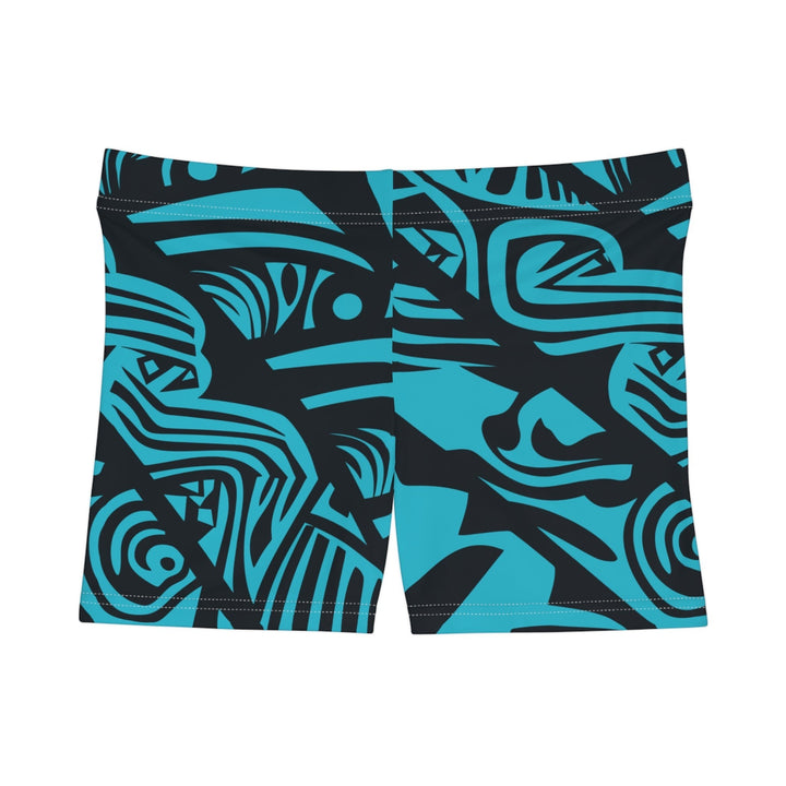 Sea Dragon Dreams women's skinny fit shorts in blue and black with a vibrant tribal pattern and faux suede finish.