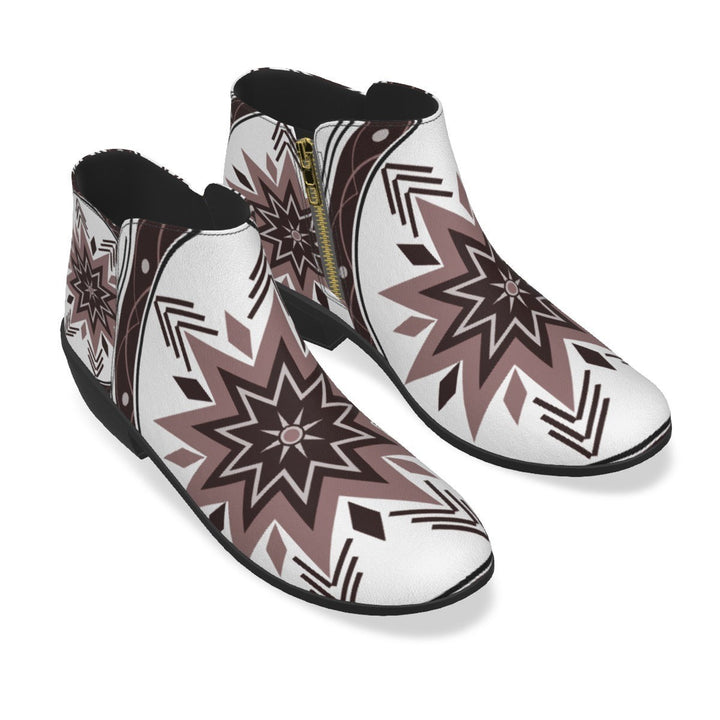 Sea Dragon Dreams women's fashion boots in white and brown with a bold tribal-inspired star pattern and side zippers.