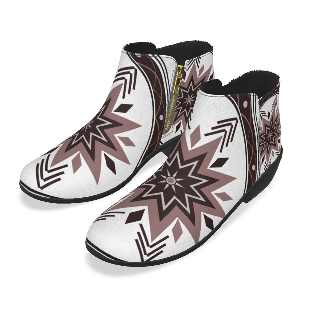 Sea Dragon Dreams women's fashion boots in white micro suede with a brown and black geometric tribal star pattern.
