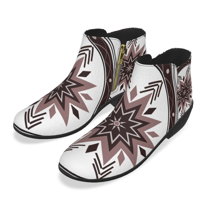 Sea Dragon Dreams women's fashion boots in white micro suede with a brown and black geometric tribal star pattern.