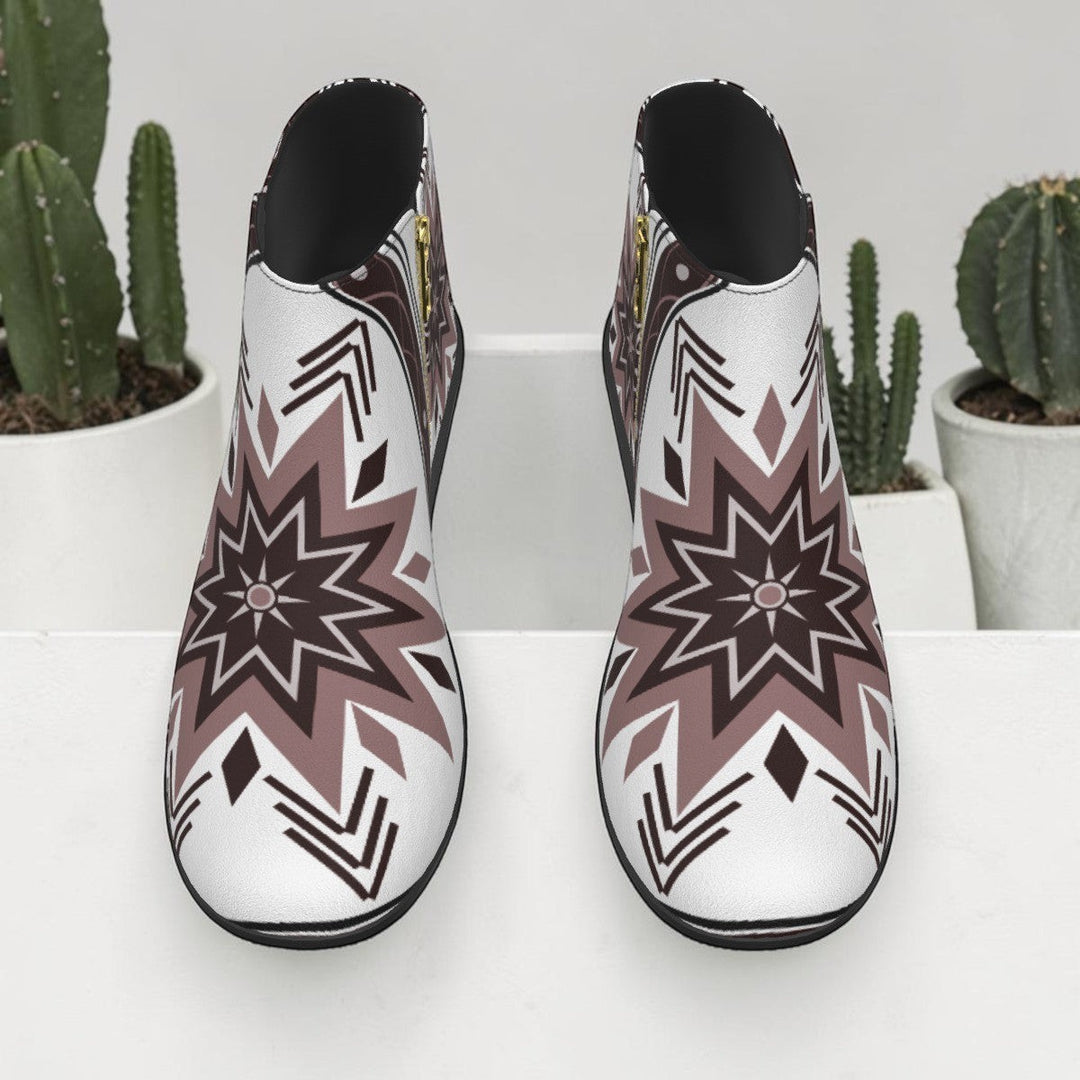 Sea Dragon Dreams women's fashion boots in white micro suede with a bold brown and black tribal star pattern