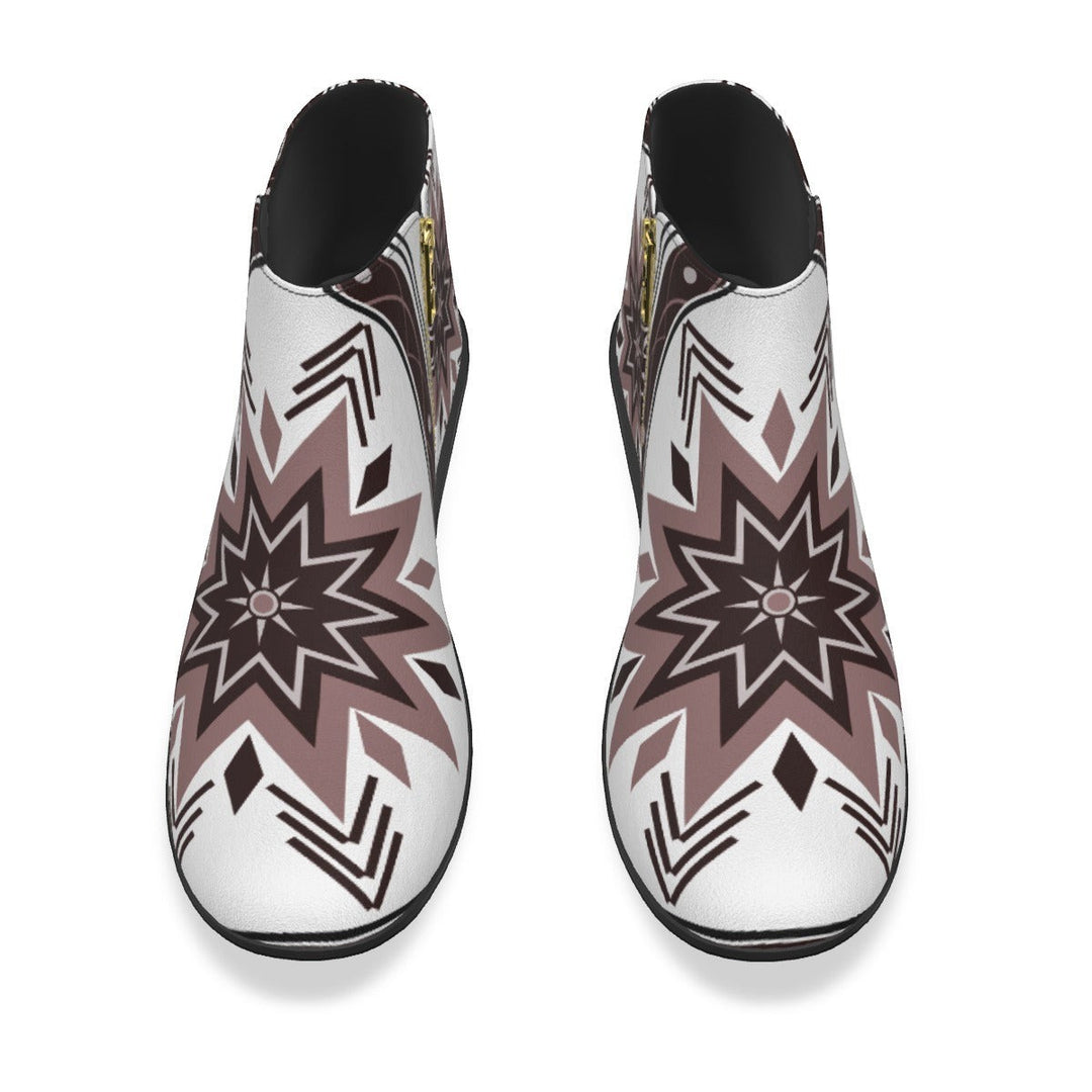 Sea Dragon Dreams women's fashion boots featuring a bold brown and white tribal-inspired star pattern in micro suede.