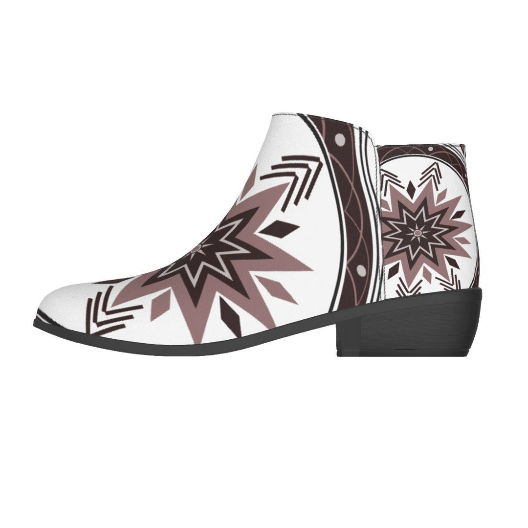 Sea Dragon Dreams women's fashion boots in white micro suede with a bold brown and black tribal star pattern