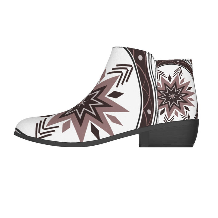 Sea Dragon Dreams women's fashion boots in white micro suede with a bold brown and black tribal star pattern