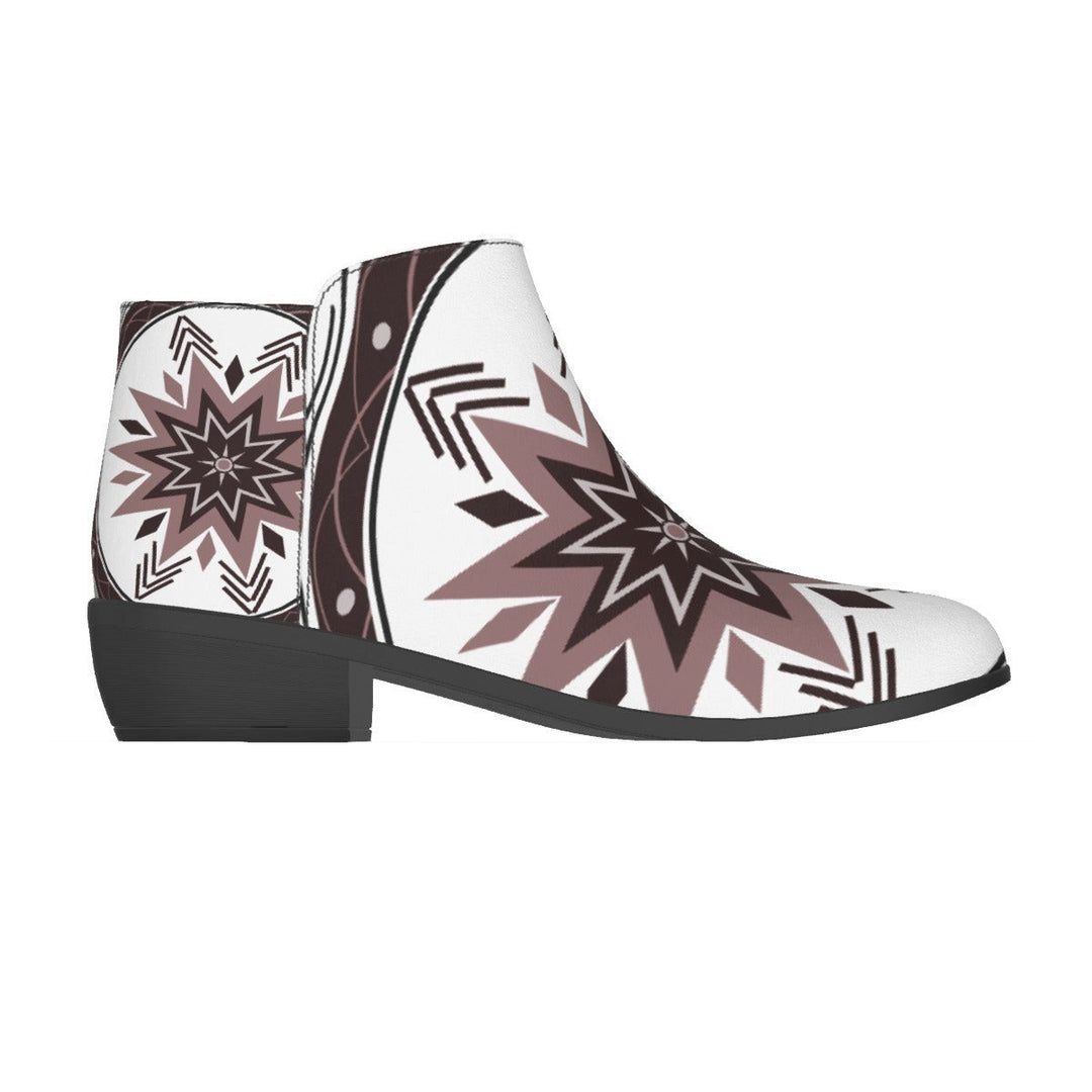 Sea Dragon Dreams women's fashion boots in white micro suede with a bold brown and black tribal star pattern