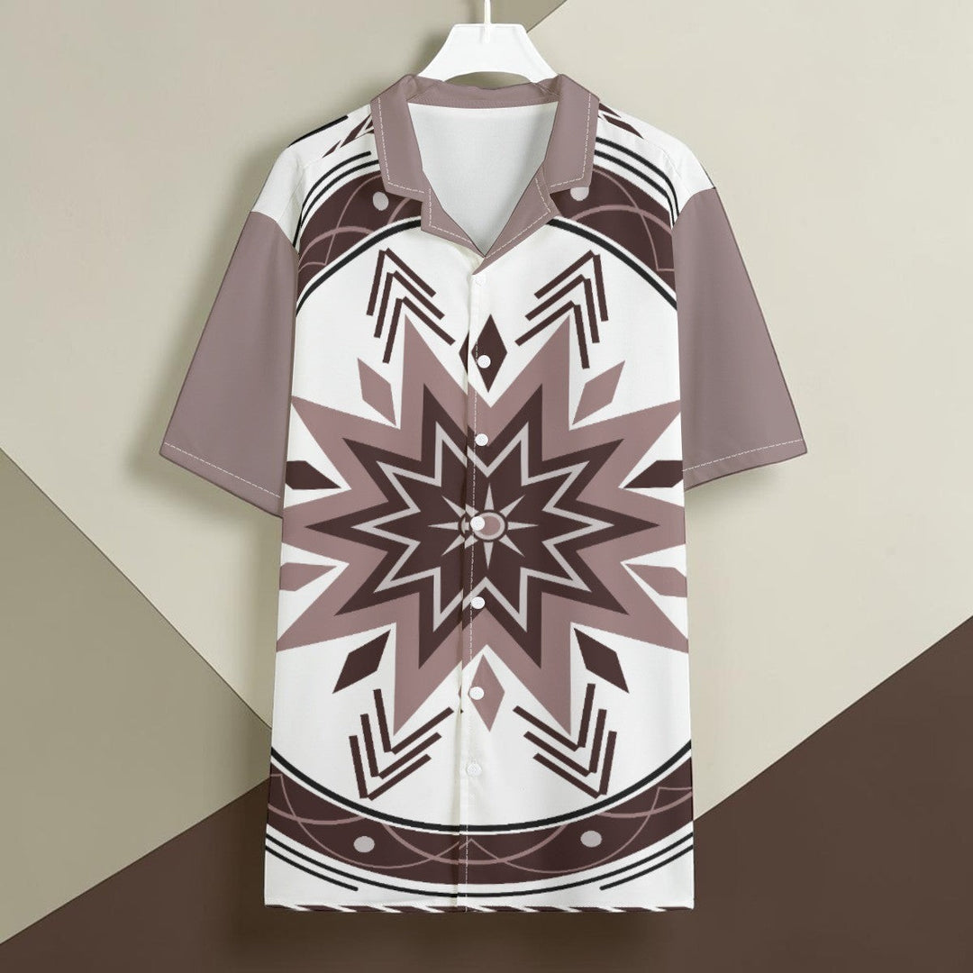 Sea Dragon Dreams unisex Hawaiian shirt with a brown and white tribal star pattern and a classic Cuban collar.