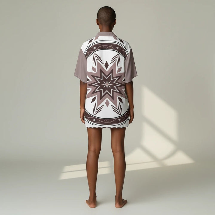 Sea Dragon Dreams unisex Hawaiian shirt with a brown and white tribal star pattern and Cuban collar, back view.