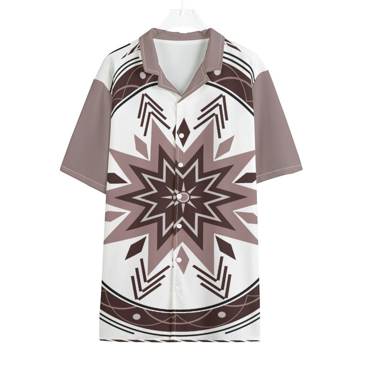 Sea Dragon Dreams unisex Hawaiian shirt with a brown and white geometric tribal star pattern and a Cuban collar.