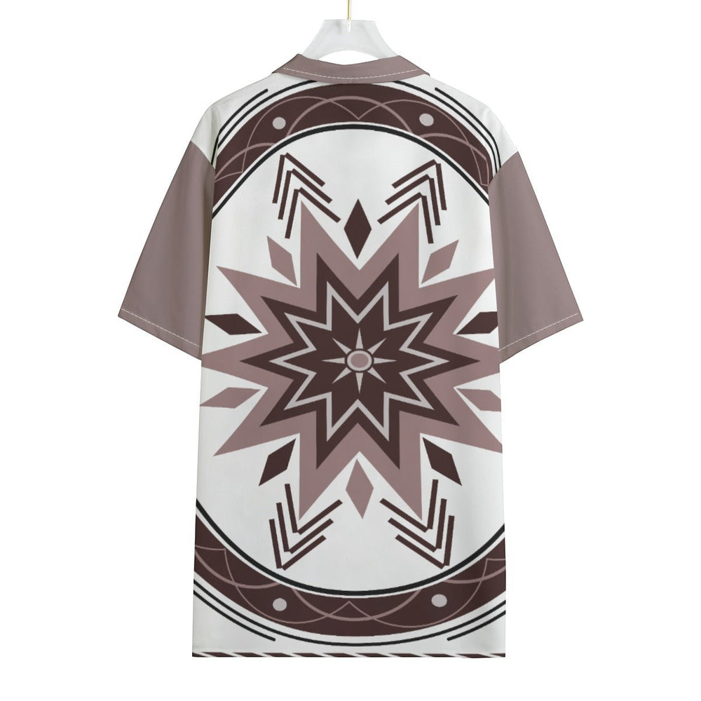 Sea Dragon Dreams unisex Hawaiian shirt with a brown and white geometric tribal star pattern and Cuban collar.