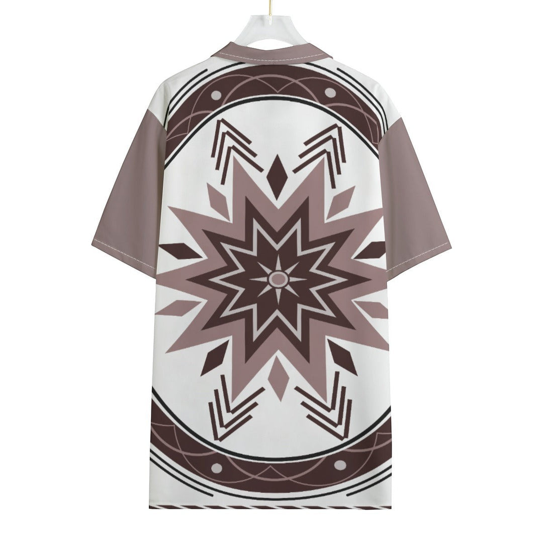 Sea Dragon Dreams unisex Hawaiian shirt with a brown and white geometric tribal star pattern and Cuban collar.