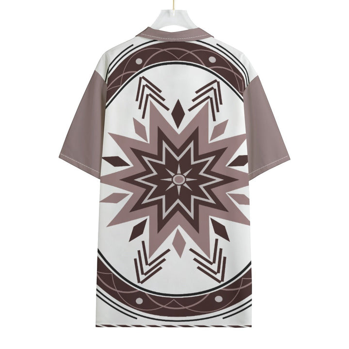 Sea Dragon Dreams unisex Hawaiian shirt with a brown and white geometric tribal star pattern and Cuban collar.