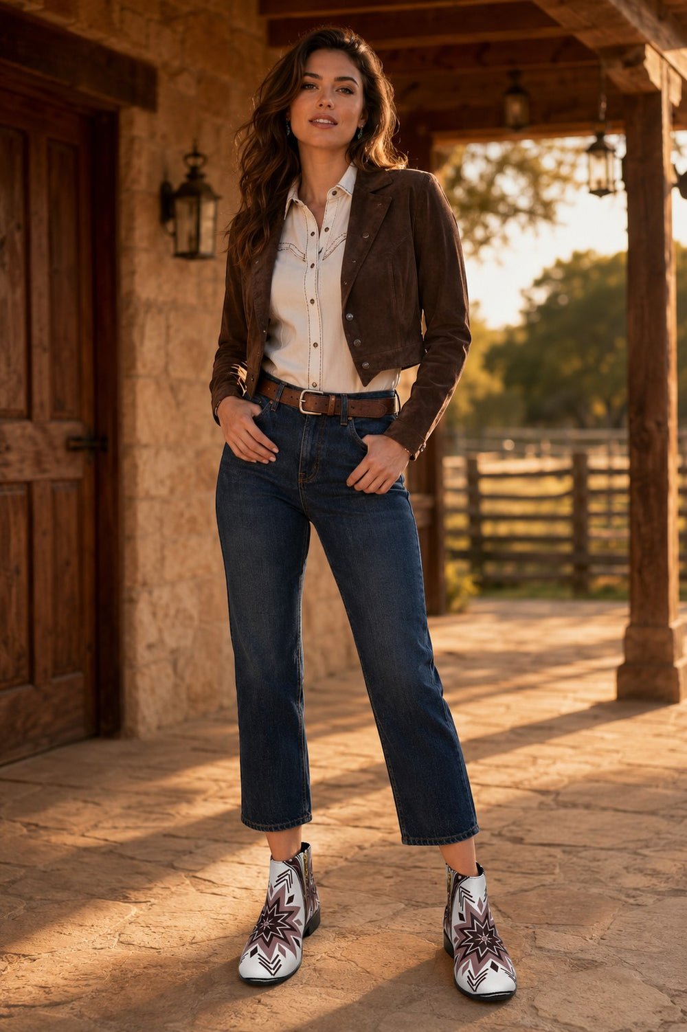 A woman wearing Sea Dragon Dreams tribal-print micro suede fashion boots with jeans and a brown jacket outdoors.