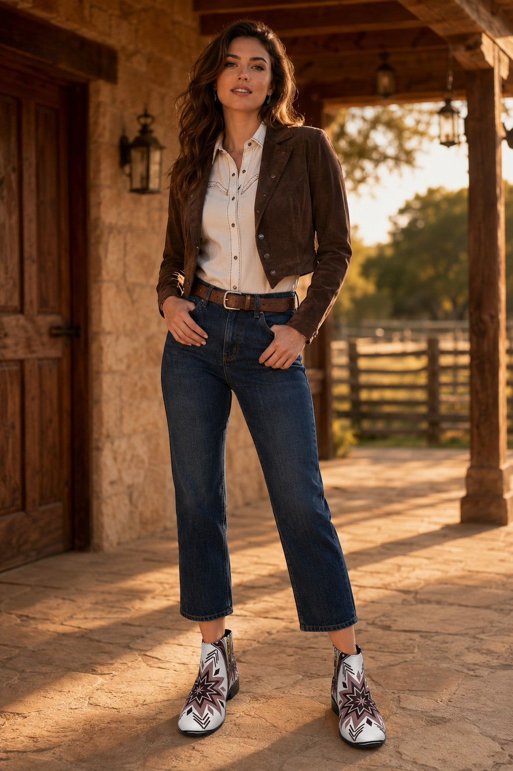 A woman wearing Sea Dragon Dreams tribal-print micro suede fashion boots with jeans and a brown jacket outdoors.