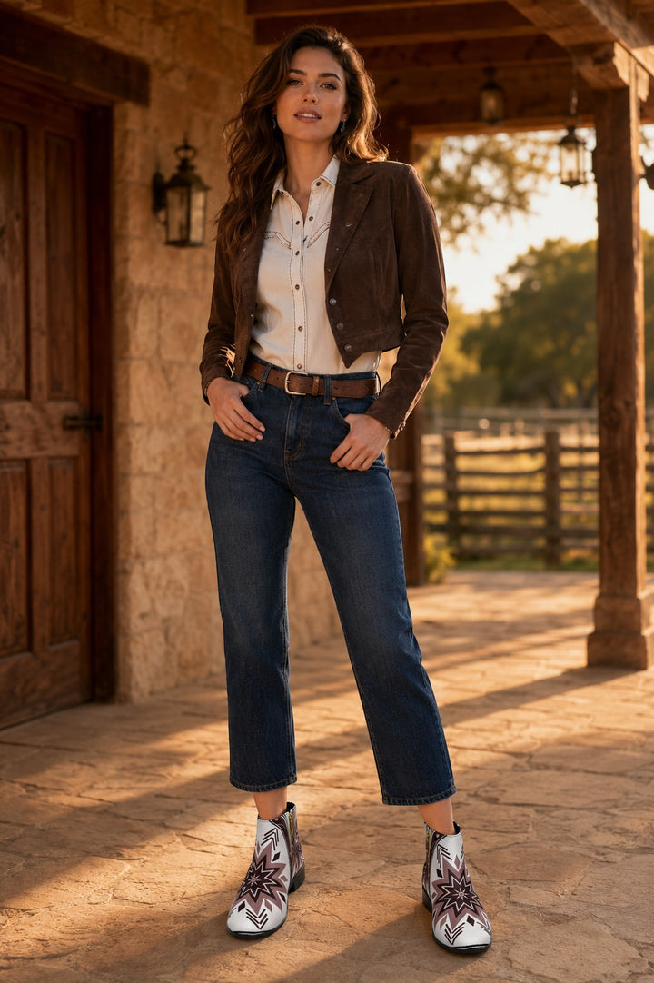 A woman wearing Sea Dragon Dreams tribal-print micro suede fashion boots with jeans and a brown jacket outdoors.