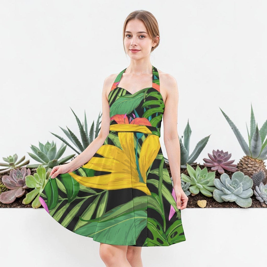 Sea Dragon Dreams women's halter-neck skater dress with a vibrant yellow and green tropical floral print
