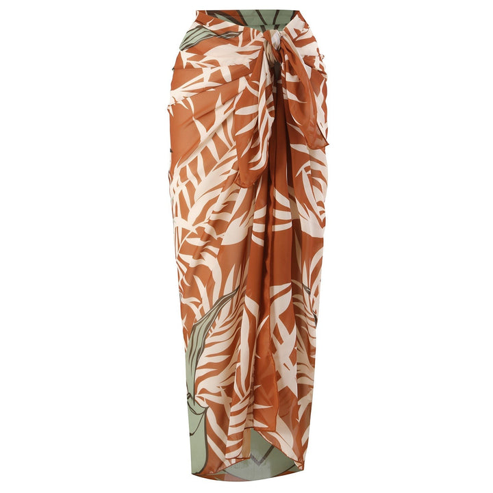Sea Dragon Dreams brown and cream tropical leaf print sarong wrap skirt for beachwear