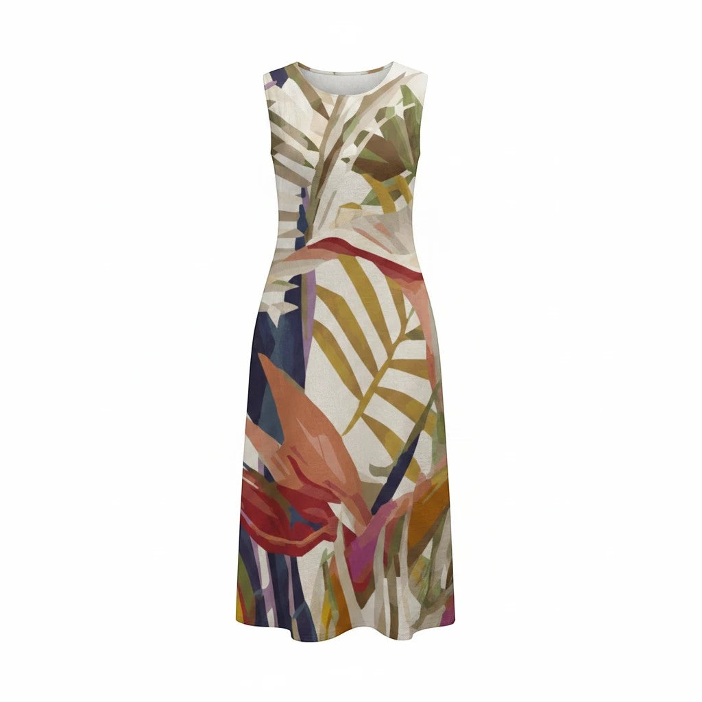 Sea Dragon Dreams sleeveless A-line summer dress in cotton slub with a vibrant tropical leaf and floral print