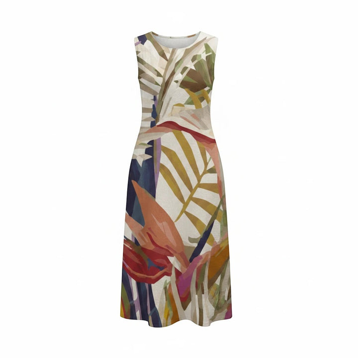 Sea Dragon Dreams sleeveless A-line summer dress in cotton slub with a vibrant tropical leaf and floral print