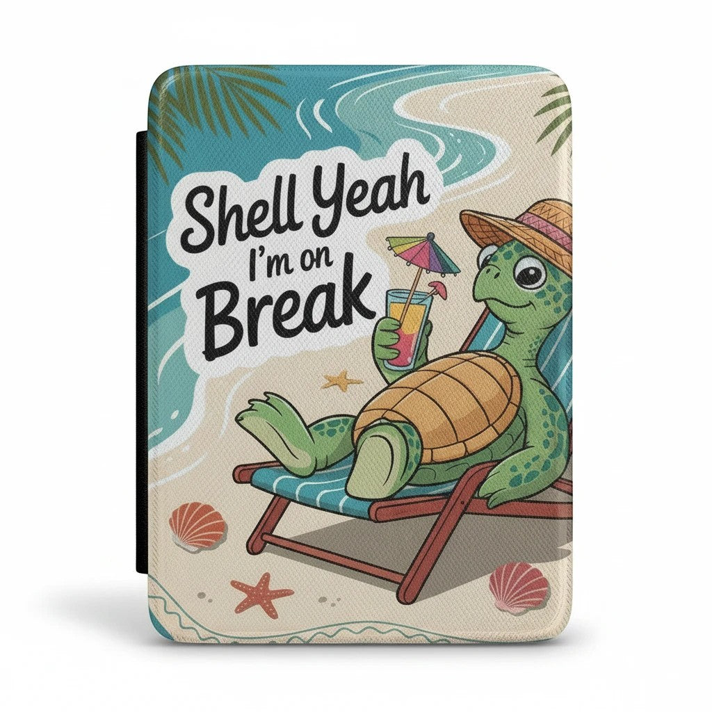 Sea Dragon Dreams Kindle case featuring a cartoon turtle in a sun hat relaxing on a beach chair with a tropical drink.
