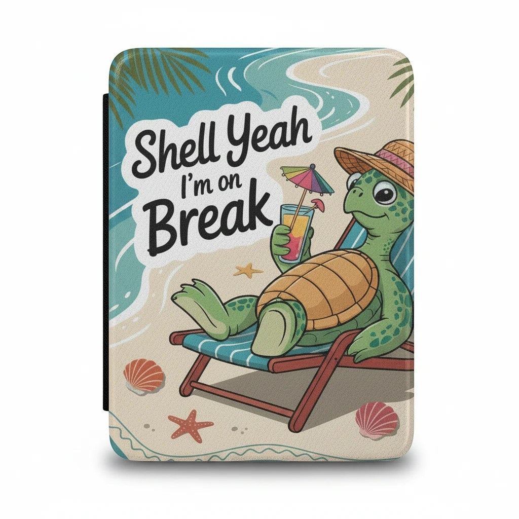Sea Dragon Dreams Kindle case featuring a tropical turtle in a beach chair with a drink and Shell Yeah text