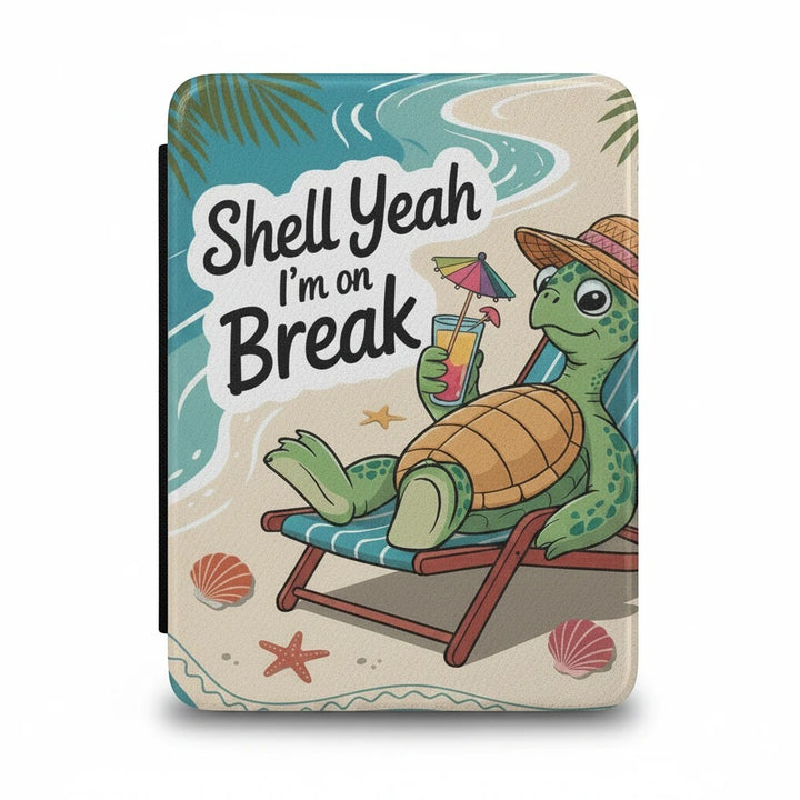 Sea Dragon Dreams Kindle case featuring a tropical turtle in a beach chair with a drink and Shell Yeah text