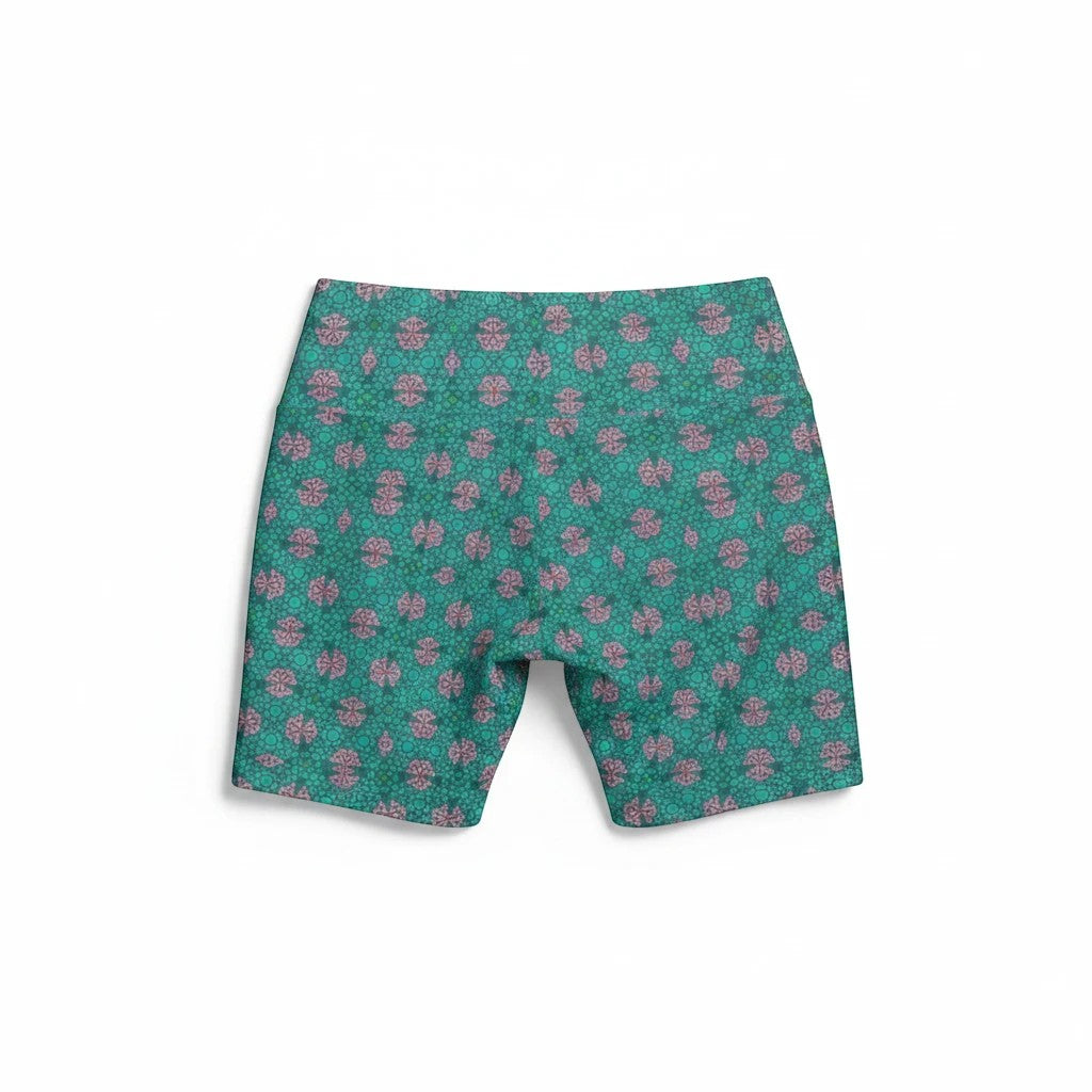 Sea Dragon Dreams women's workout shorts in teal and pink tropical geometric print, made of durable polyester.