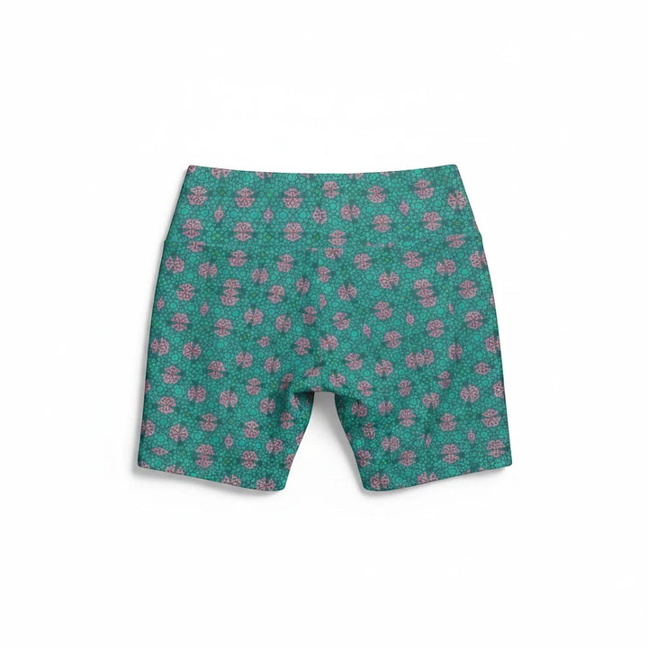 Sea Dragon Dreams women's workout shorts in teal and pink tropical geometric print, made of durable polyester.
