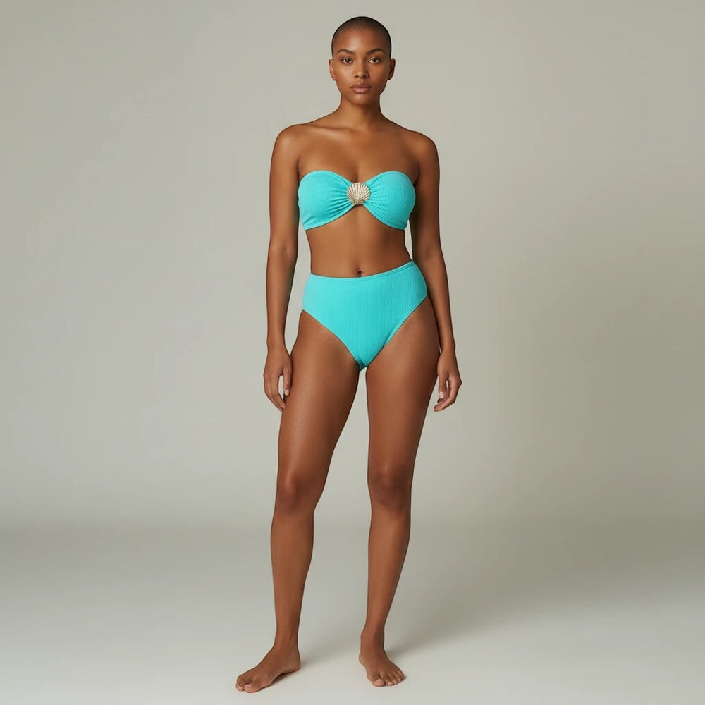 Sea Dragon Dreams turquoise strapless push-up bikini with tummy control high-waisted bottoms and shell detail