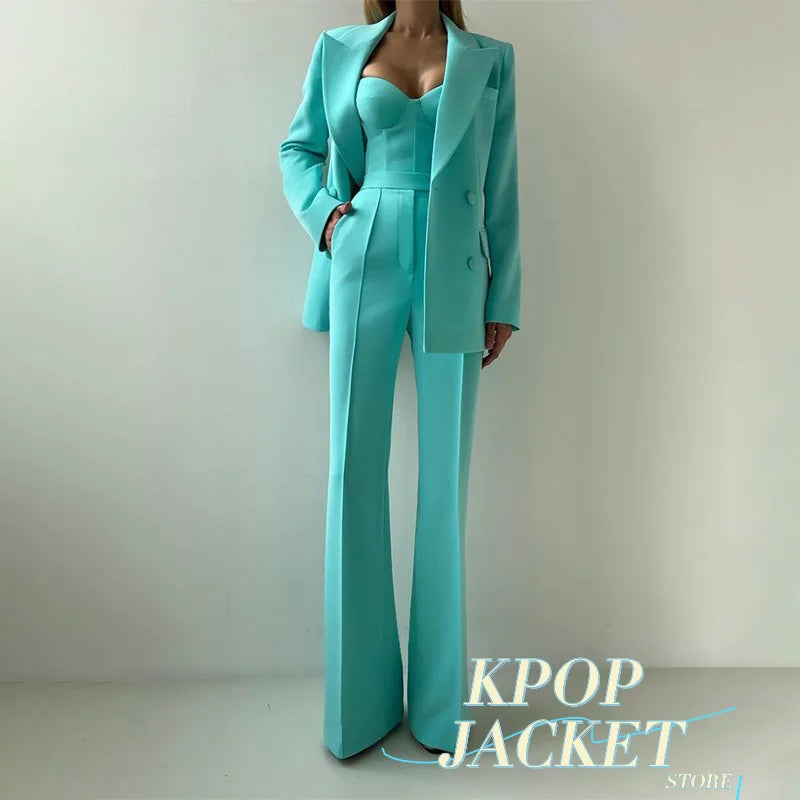 Sea Dragon Dreams turquoise 3-piece pantsuit featuring a tailored blazer, corset bustier top, and straight-leg trousers.