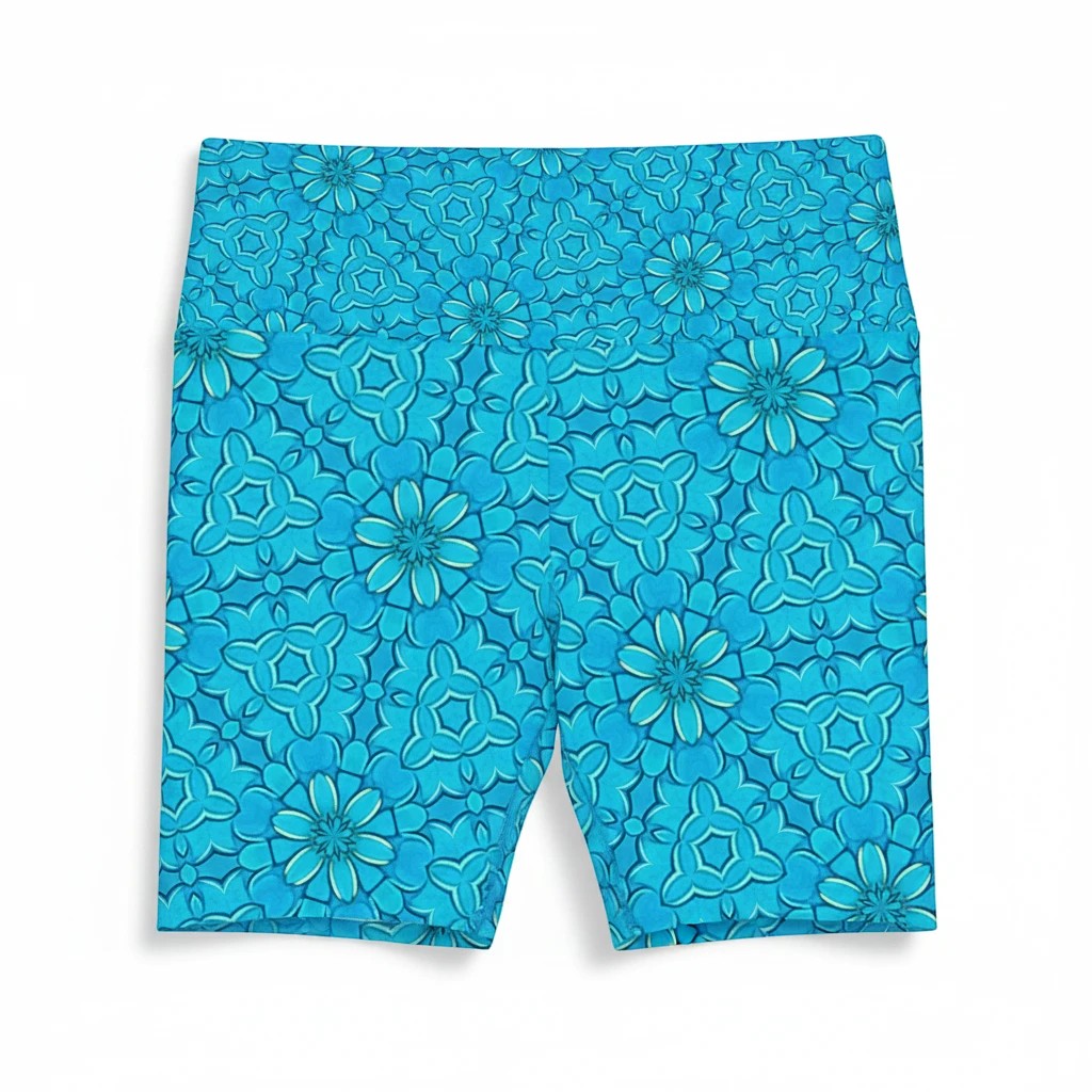 Sea Dragon Dreams turquoise workout shorts featuring a groovy floral pattern, made from lightweight polyester.