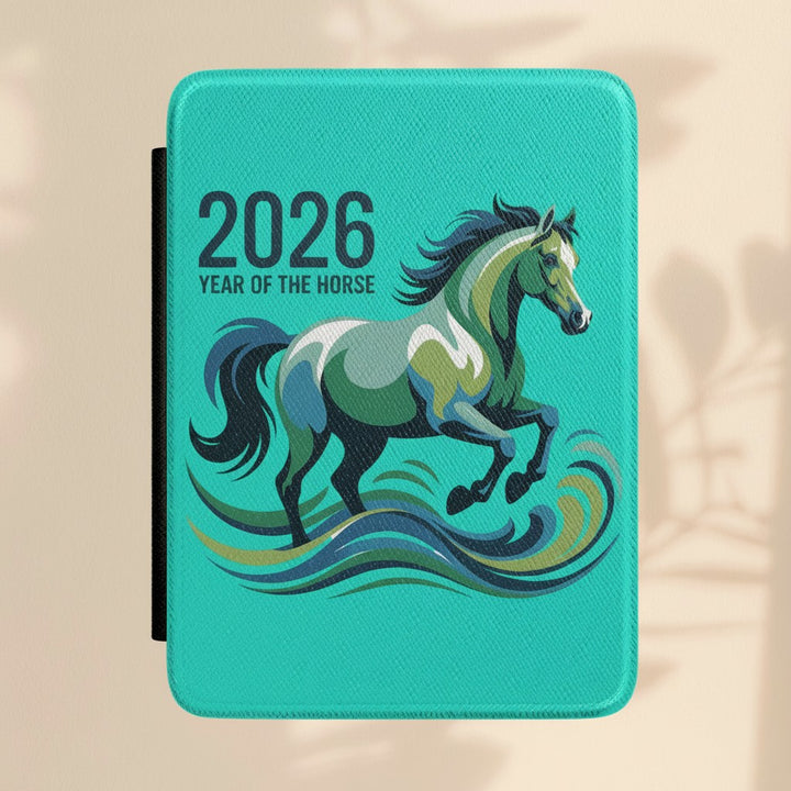 Sea Dragon Dreams 2026 Year of the Horse Kindle case in turquoise PU leather with a vibrant zodiac horse illustration.