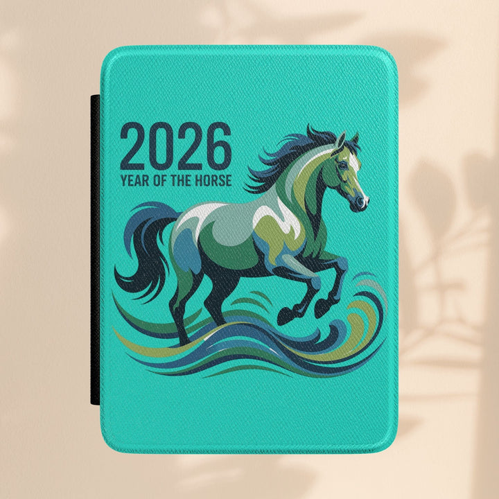 Sea Dragon Dreams turquoise Kindle case featuring 2026 Year of the Horse zodiac artwork in a durable PU leather finish