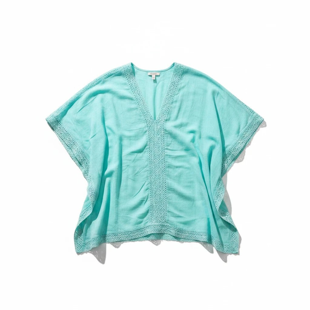 Sea Dragon Dreams turquoise lace beach cover-up with a V-neck and relaxed fit, perfect for resort wear.
