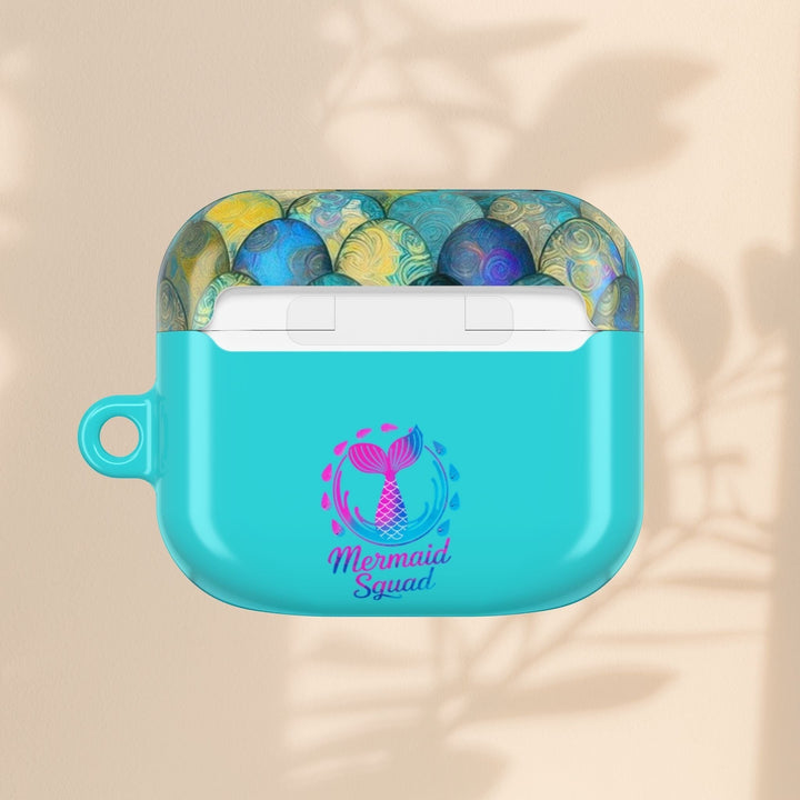 Sea Dragon Dreams turquoise AirPods case featuring a mermaid tail design and Mermaid Squad text on a hard shell.