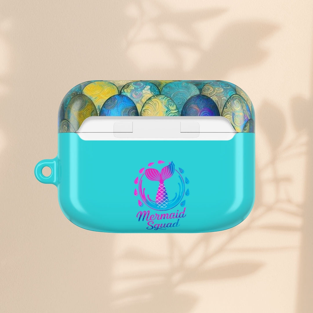 Sea Dragon Dreams turquoise AirPods case featuring a mermaid tail design and Mermaid Squad text on a neutral background.