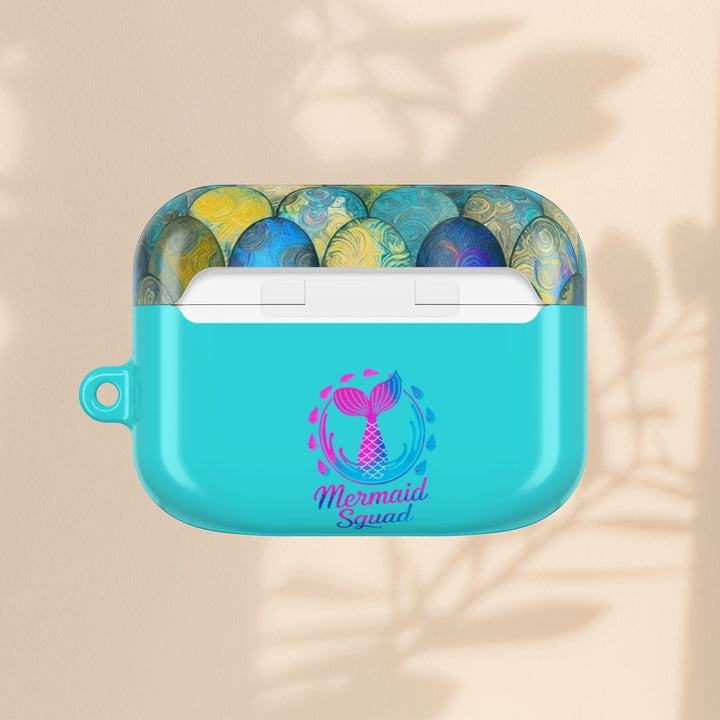 Sea Dragon Dreams turquoise AirPods case featuring a mermaid tail design and Mermaid Squad text on a neutral background.