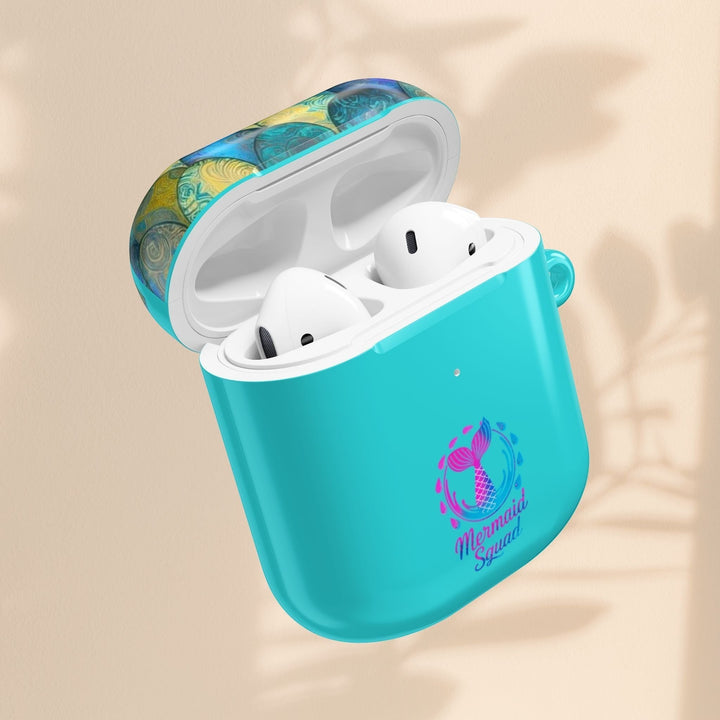 Sea Dragon Dreams turquoise hard-shell AirPods case featuring a mermaid tail design and Mermaid Squad text.