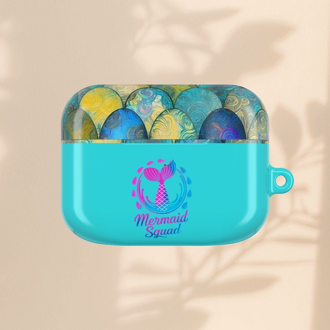 Sea Dragon Dreams turquoise AirPods case featuring a mermaid tail pattern and Mermaid Squad logo on a hard shell.