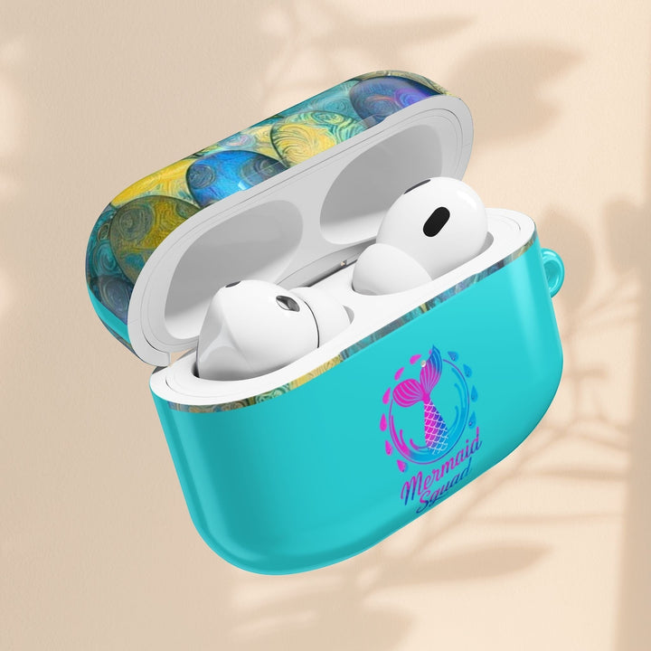 Sea Dragon Dreams turquoise hard-shell AirPods case featuring a pink mermaid tail graphic and Mermaid Squad text.