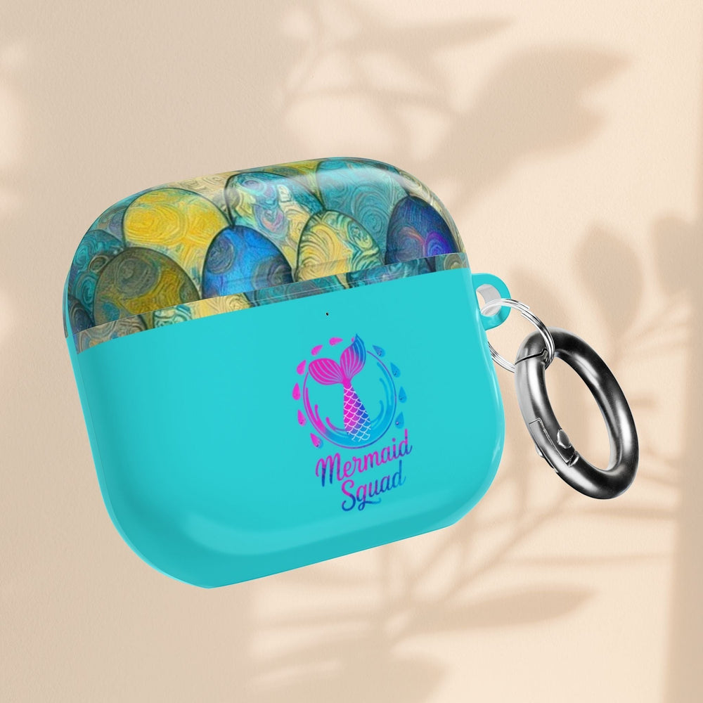 Sea Dragon Dreams turquoise AirPods case featuring a mermaid tail design and Mermaid Squad text with a metal carabiner.