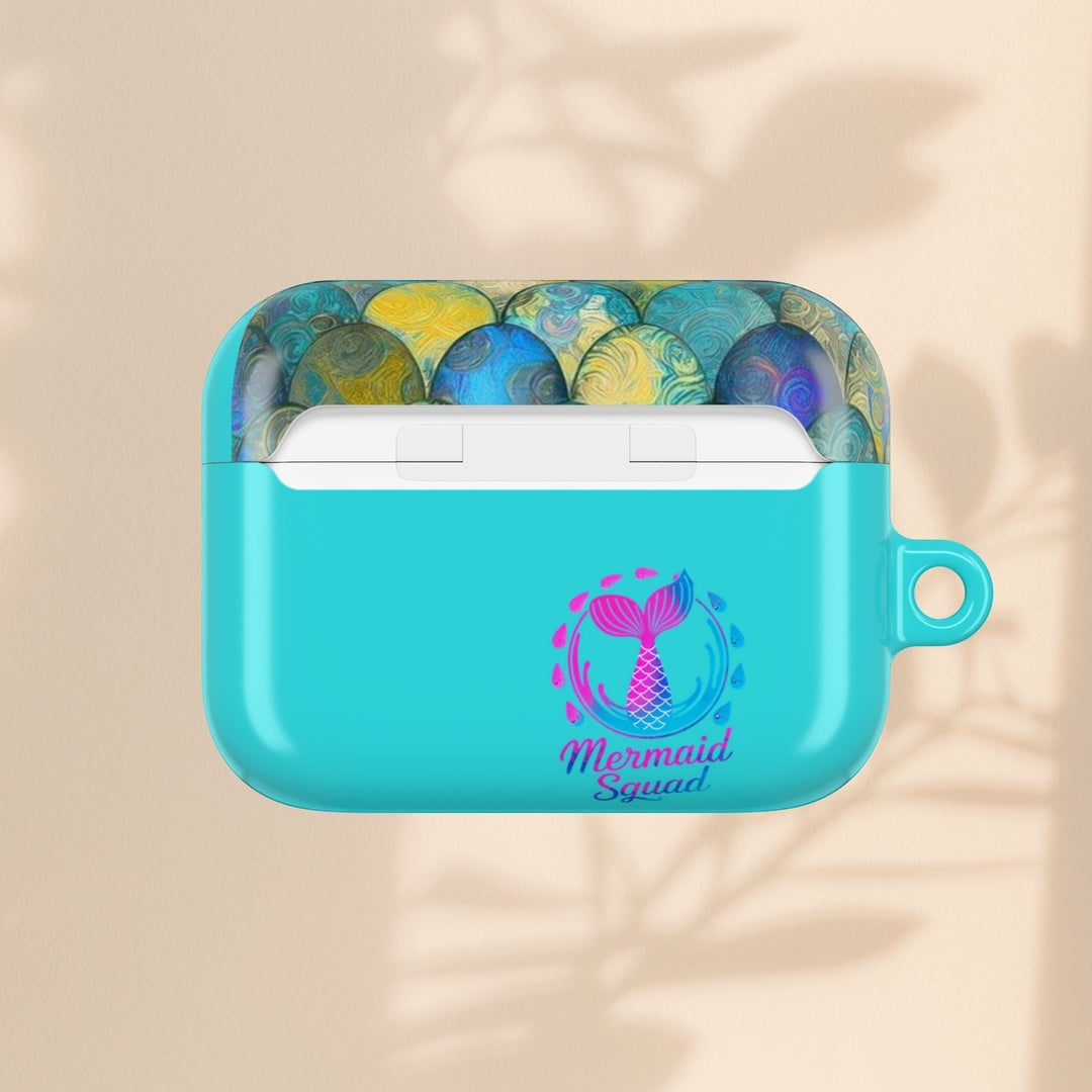 Sea Dragon Dreams turquoise AirPods case featuring a mermaid tail design and Mermaid Squad text on a hard shell.