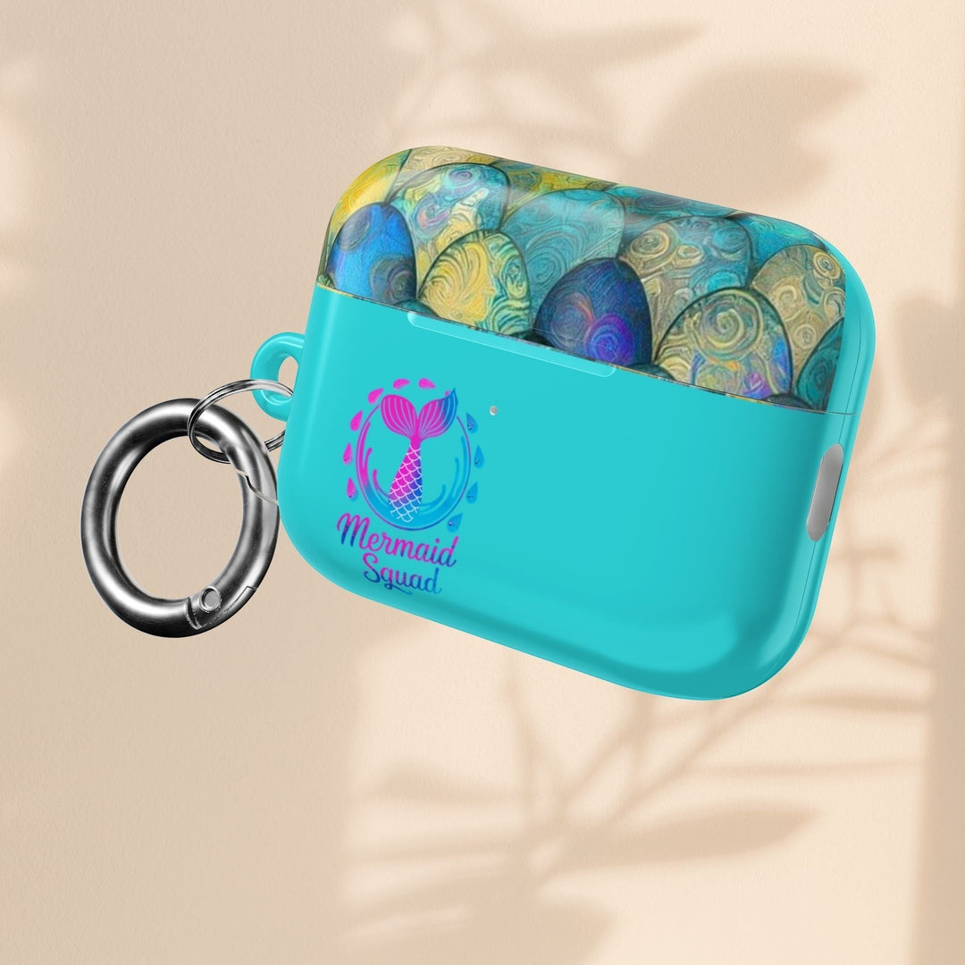 Sea Dragon Dreams turquoise AirPods case featuring a mermaid tail design and Mermaid Squad text with a metal keyring.