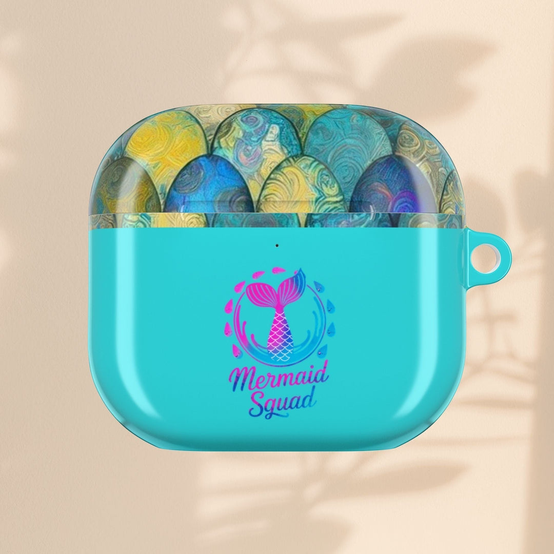 Sea Dragon Dreams turquoise AirPods case featuring a mermaid tail design and Mermaid Squad text on a hard shell cover.